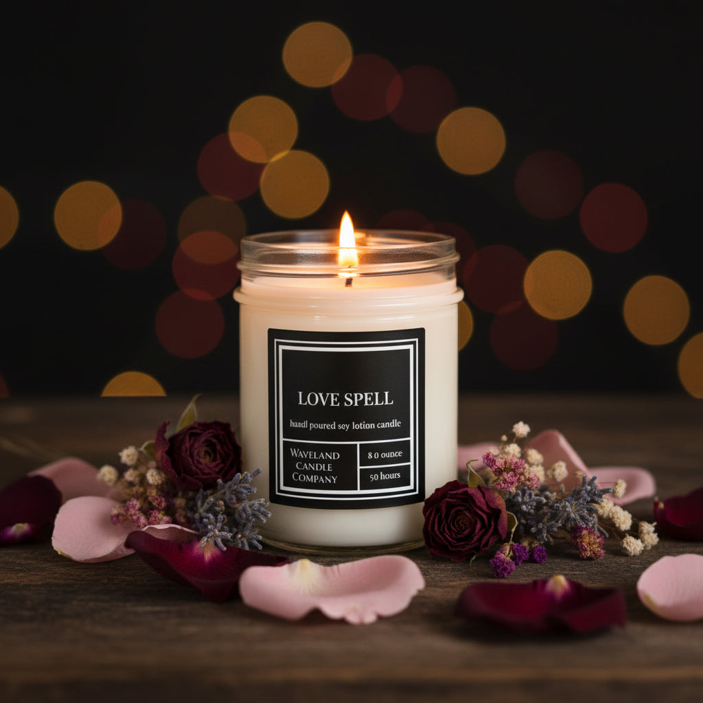 8.0 oz Love Spell Soy Lotion Candle - open
