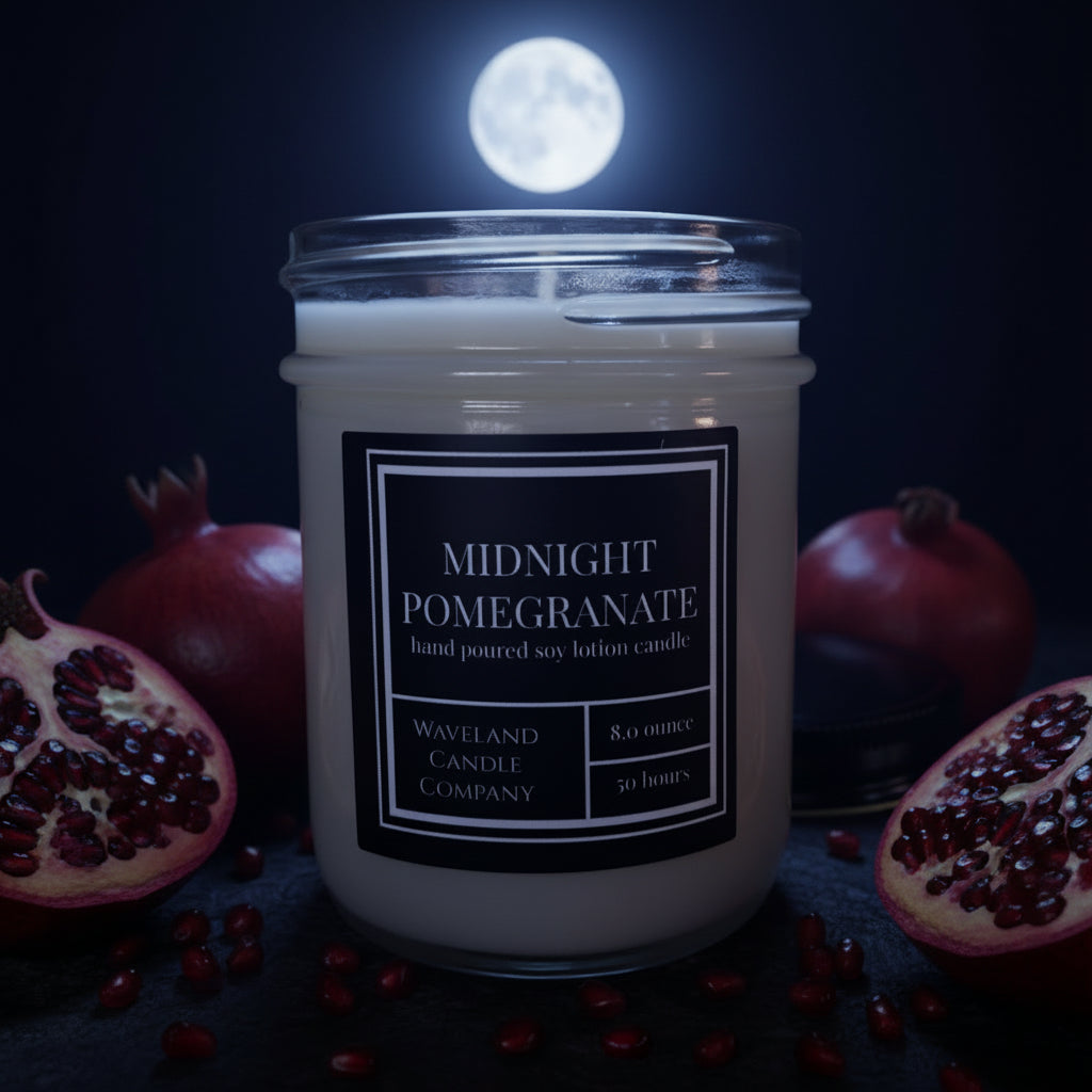 8.0 oz Midnight Pomegranate soy lotion candle - open