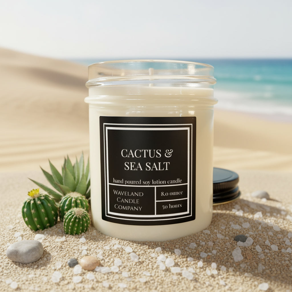8 oz Cactus & Sea Salt Soy Lotion Candle - Open 